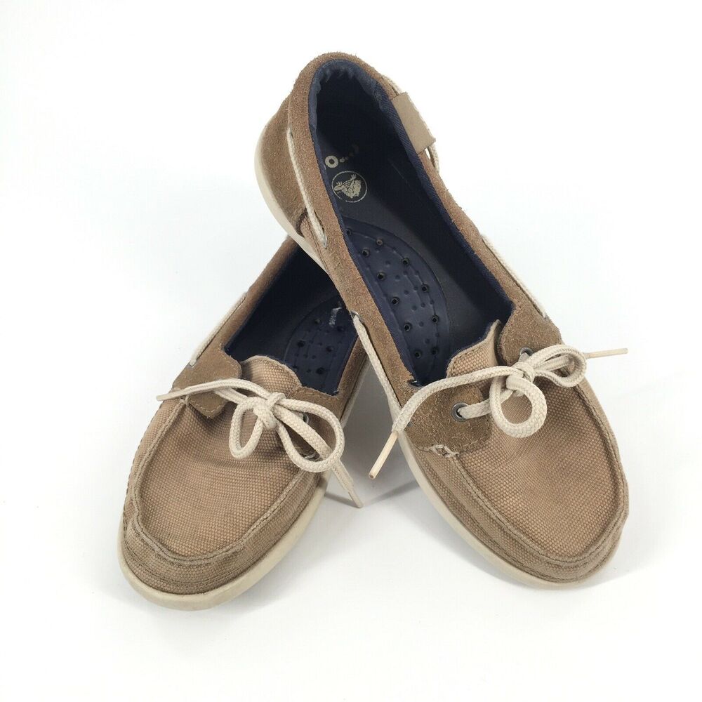 Crocs Walu W Boat Shoes Size 6 Womens Khaki Beige Canvas Lightweight Slip On